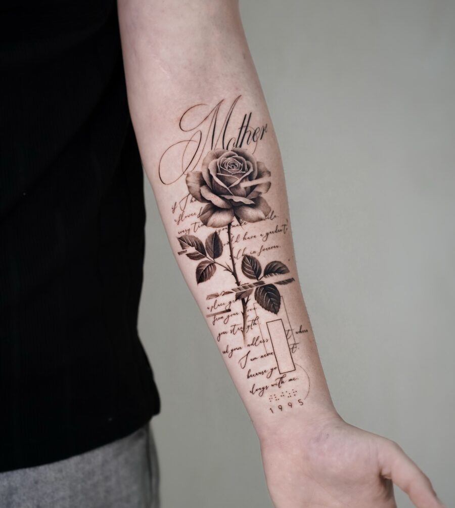 Elegant Memorial Rose Tattoo With Loving Inscription