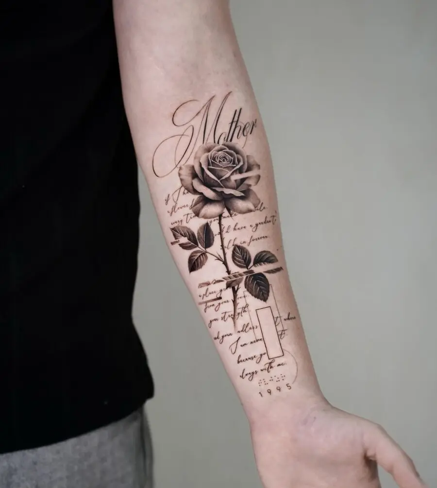 Elegant Memorial Rose Tattoo With Loving Inscription