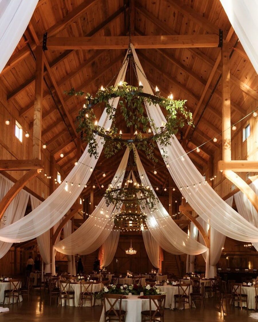 Charming rustic barn adorned with draping fabric