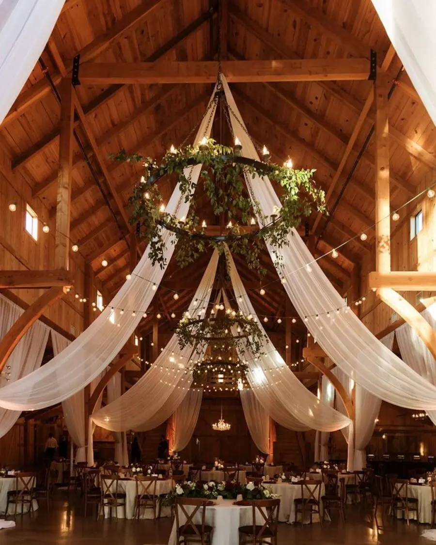 Charming rustic barn adorned with draping fabric
