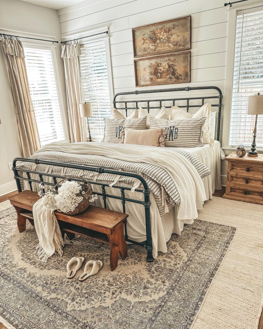 Chic rustic bed decor with vintage charm