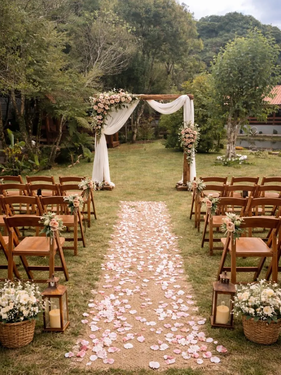 Charming floral wedding ceremony setup outdoors