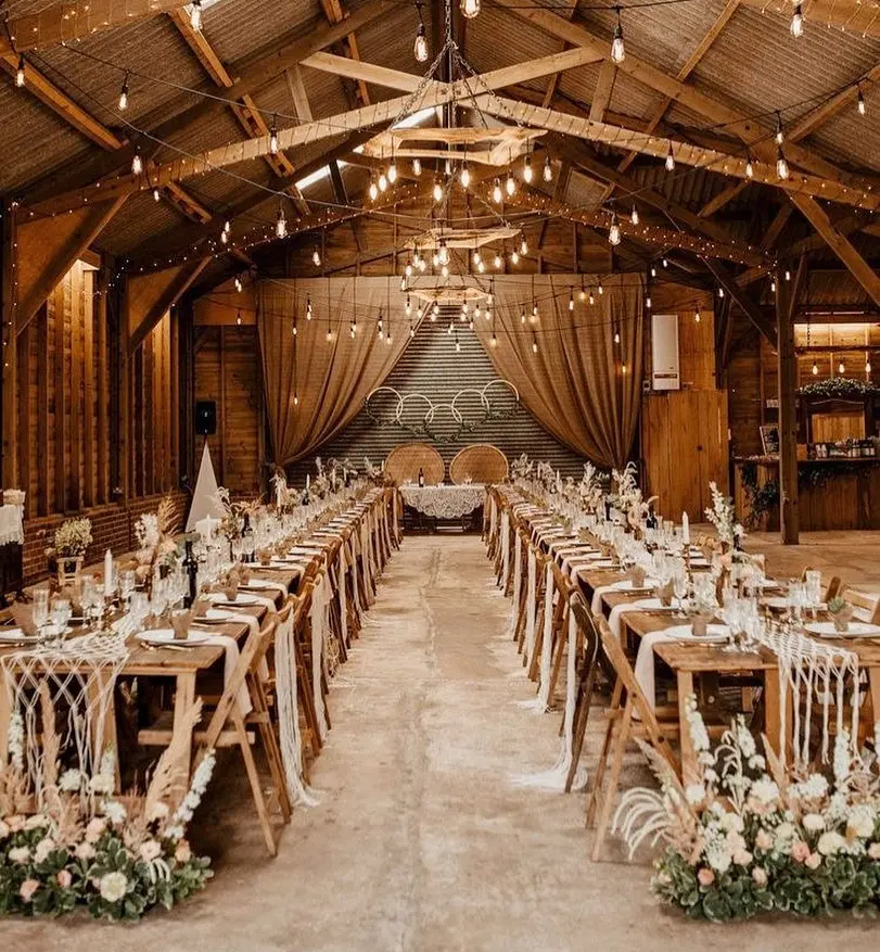 Charming rustic barn wedding reception decor