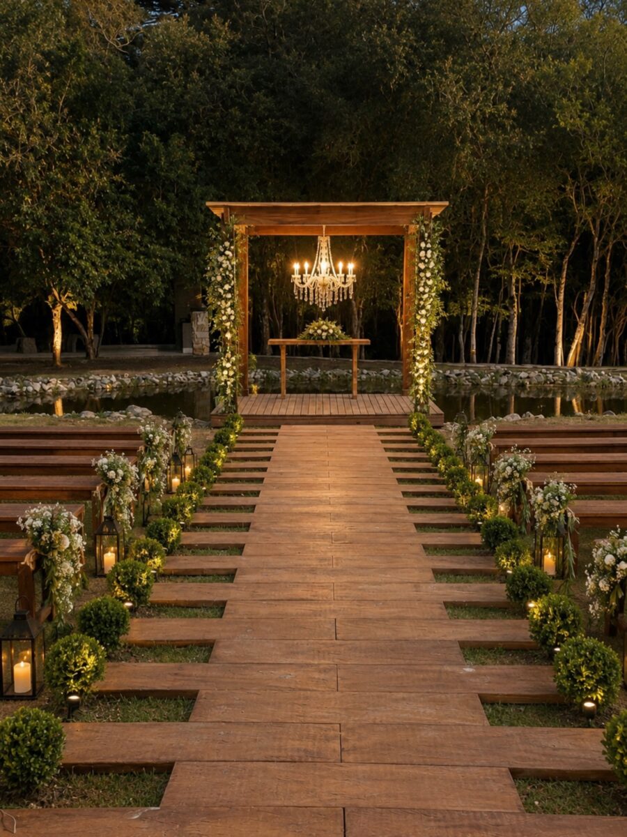 Charming rustic wedding decor with a wooden pathway