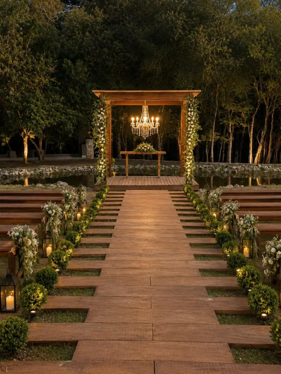 Charming rustic wedding decor with a wooden pathway