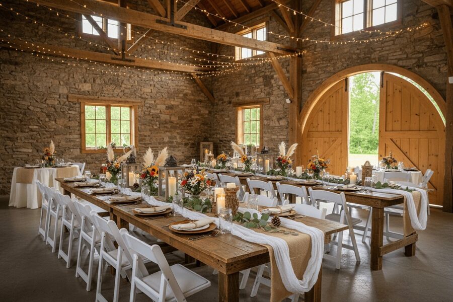 Charming tablescapes in a rustic venue