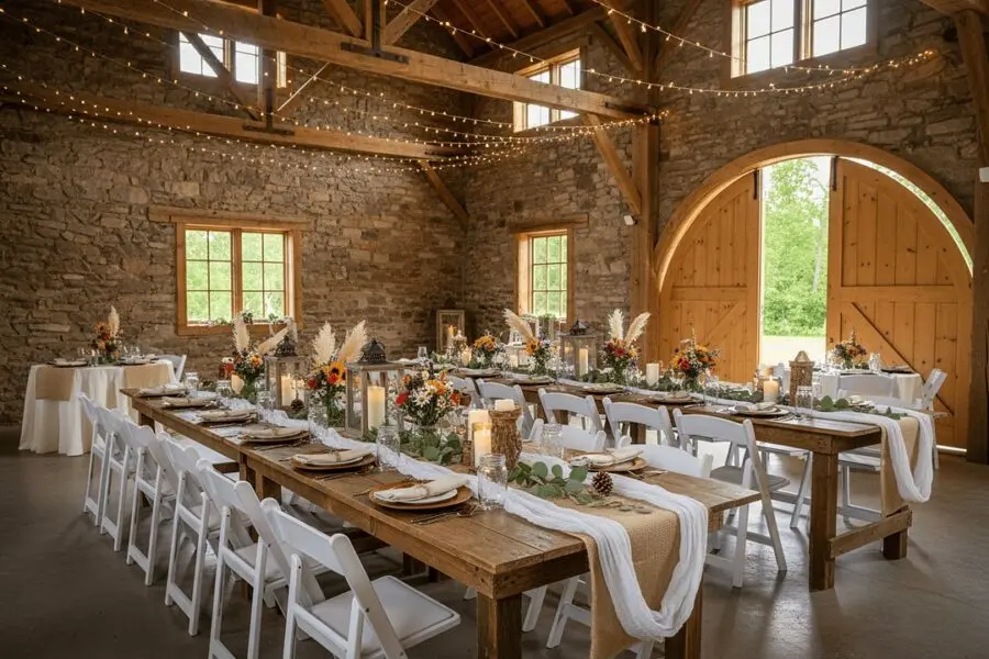 Charming tablescapes in a rustic venue