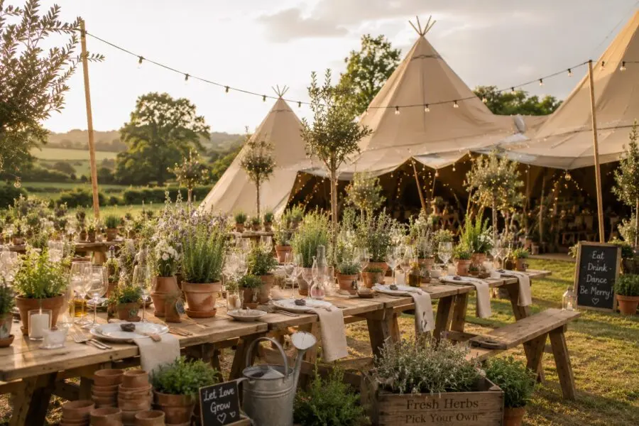 Charming outdoor rustic wedding setup with tipis