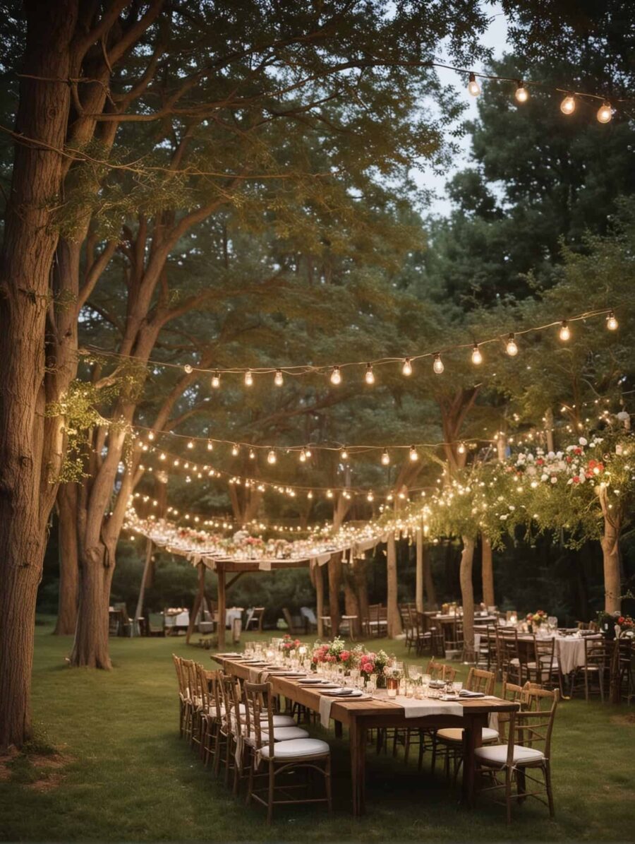 Charming outdoor reception with twinkling lights