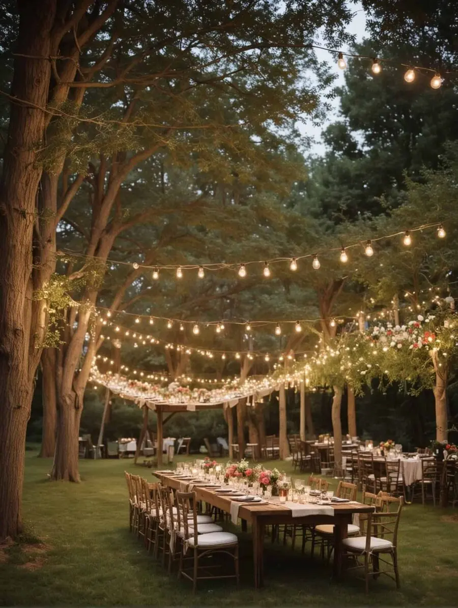 Charming outdoor reception with twinkling lights
