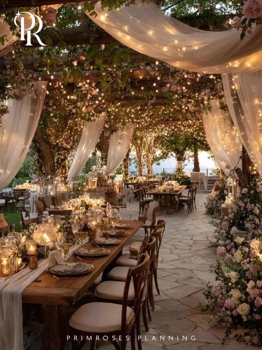 Enchanting rustic wedding decor with dreamy lighting