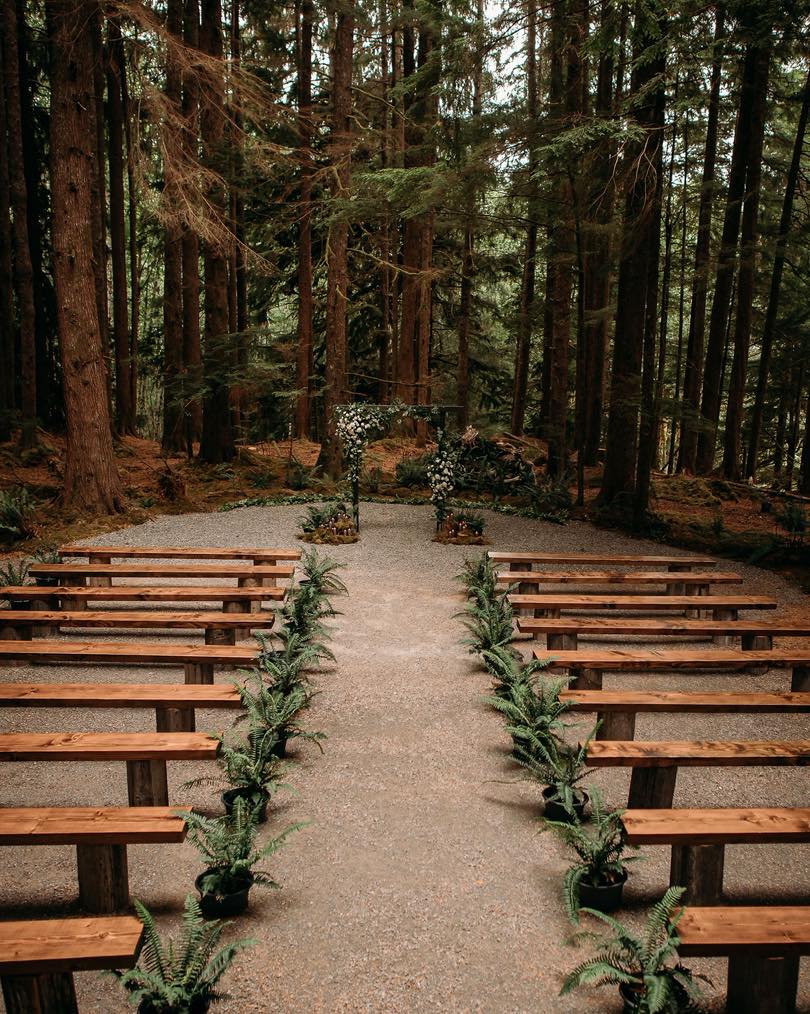 Charming forest wedding with rustic bench seating