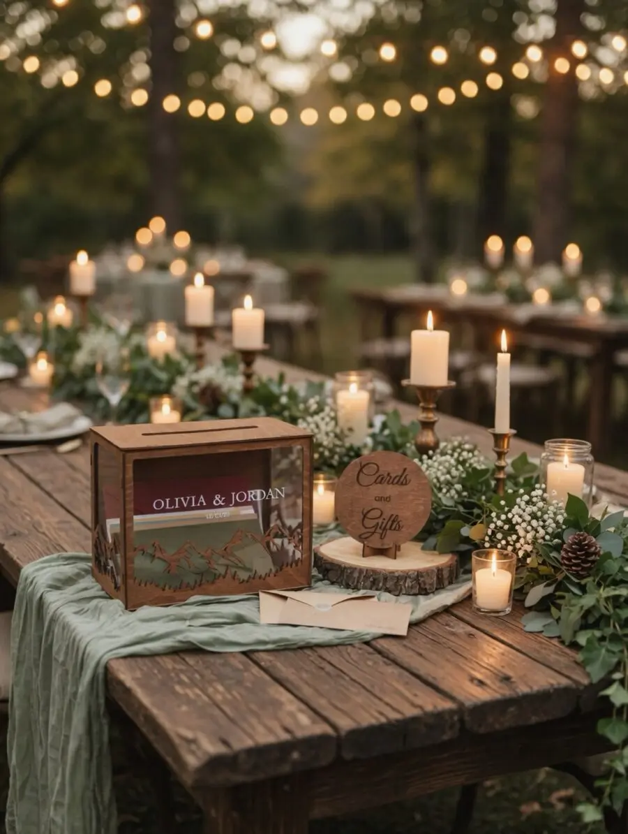 Charming rustic wedding table setting at dusk