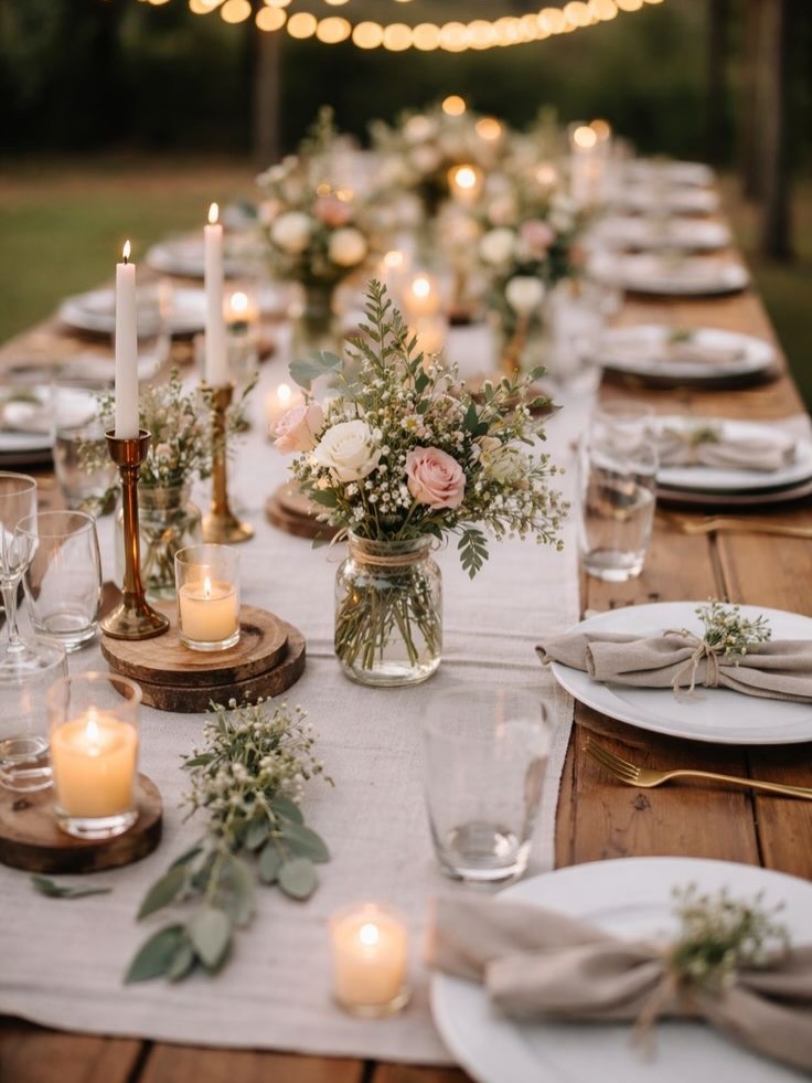 Charming rustic table setting with soft candlelight