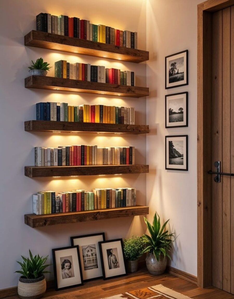 Stylish shelving with warm lighting and greenery
