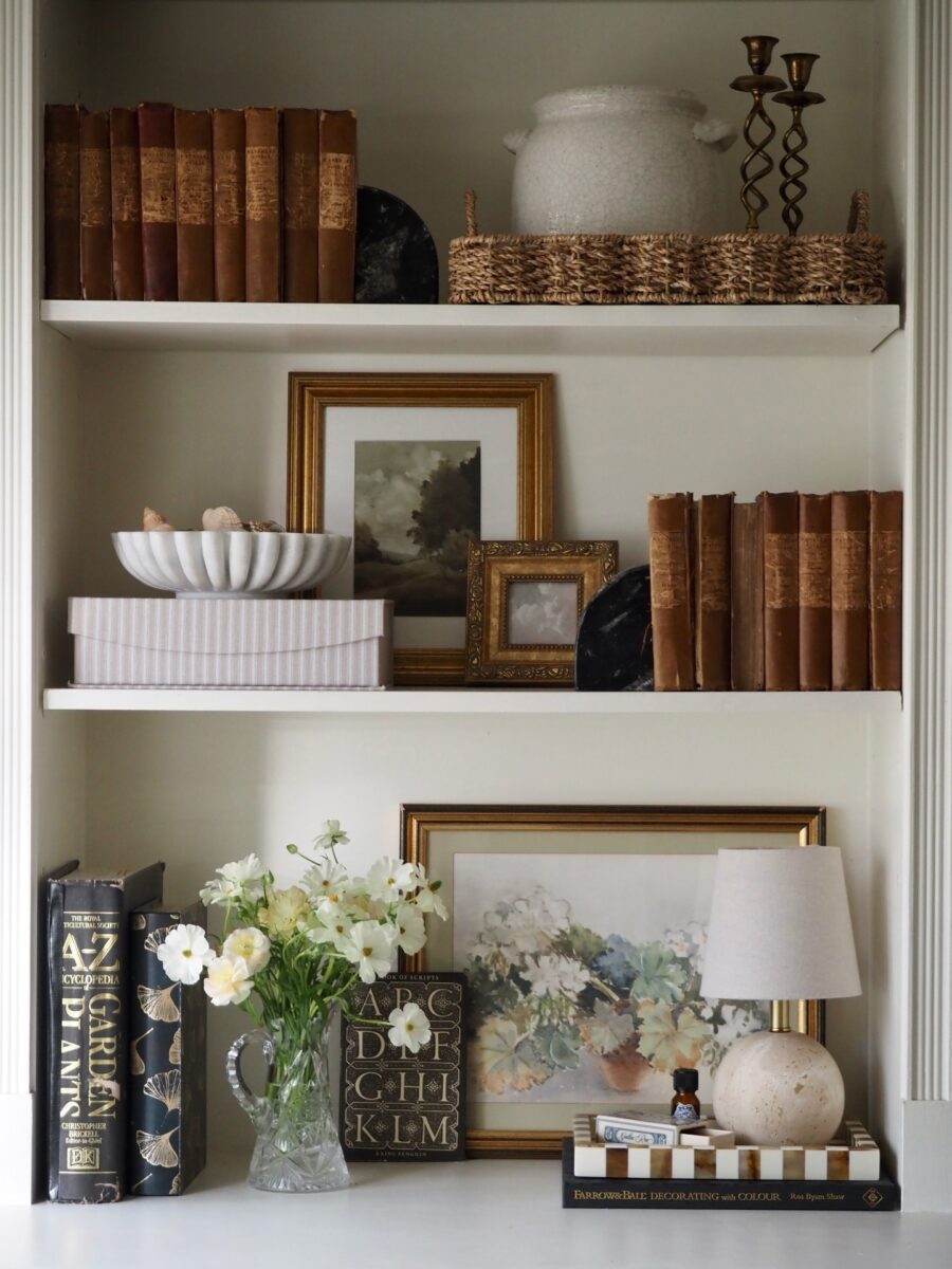 Charming vintage-style shelf decor arrangement