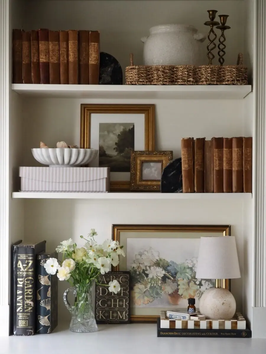 Charming vintage-style shelf decor arrangement