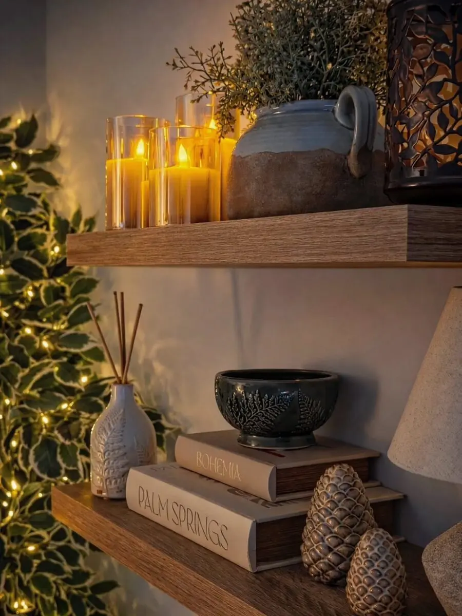 Elegant shelf decor with warm ambiance vibes