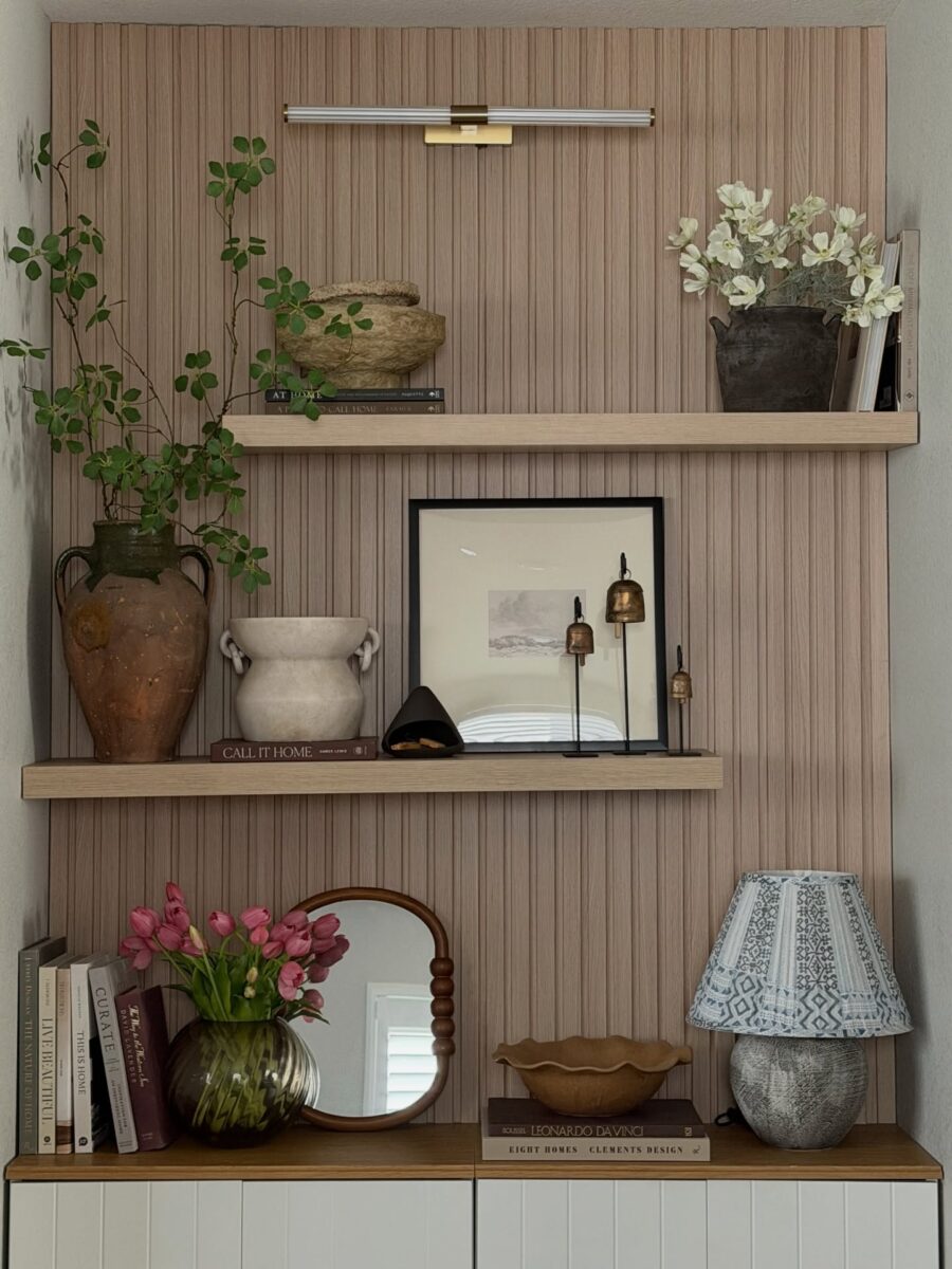 Charming vintage-inspired shelf decor setup