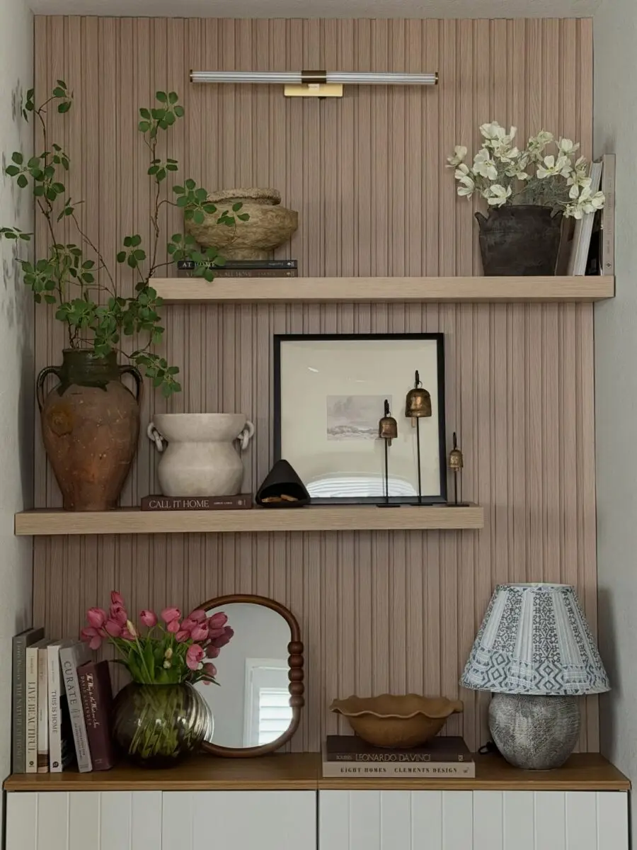 Charming vintage-inspired shelf decor setup