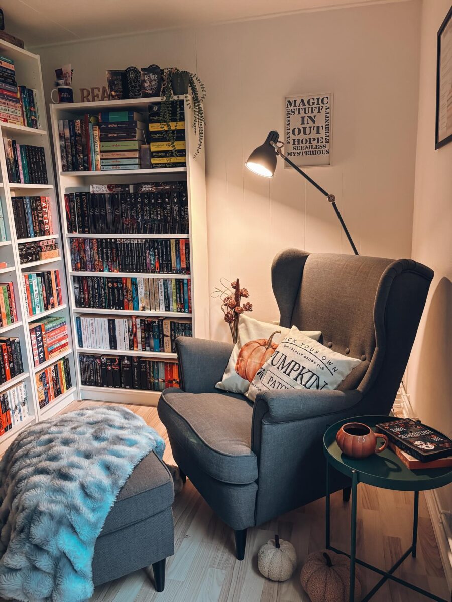 Cozy reading nook with stylish decor accents.