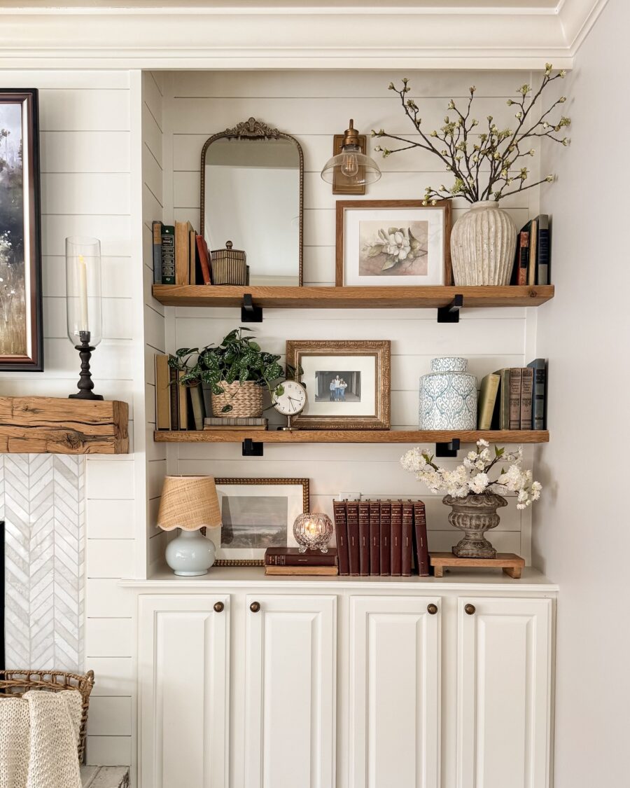 Charming shelf decor with timeless elegance.