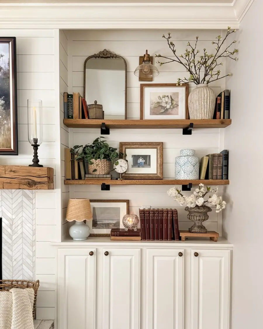 Charming shelf decor with timeless elegance.
