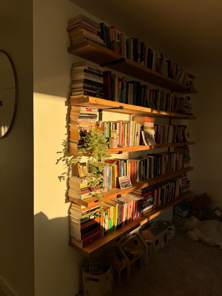 Charming wooden bookshelf with vibrant plants