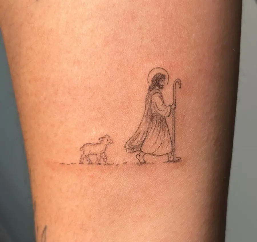 Minimalistic shepherd and sheep tattoo design