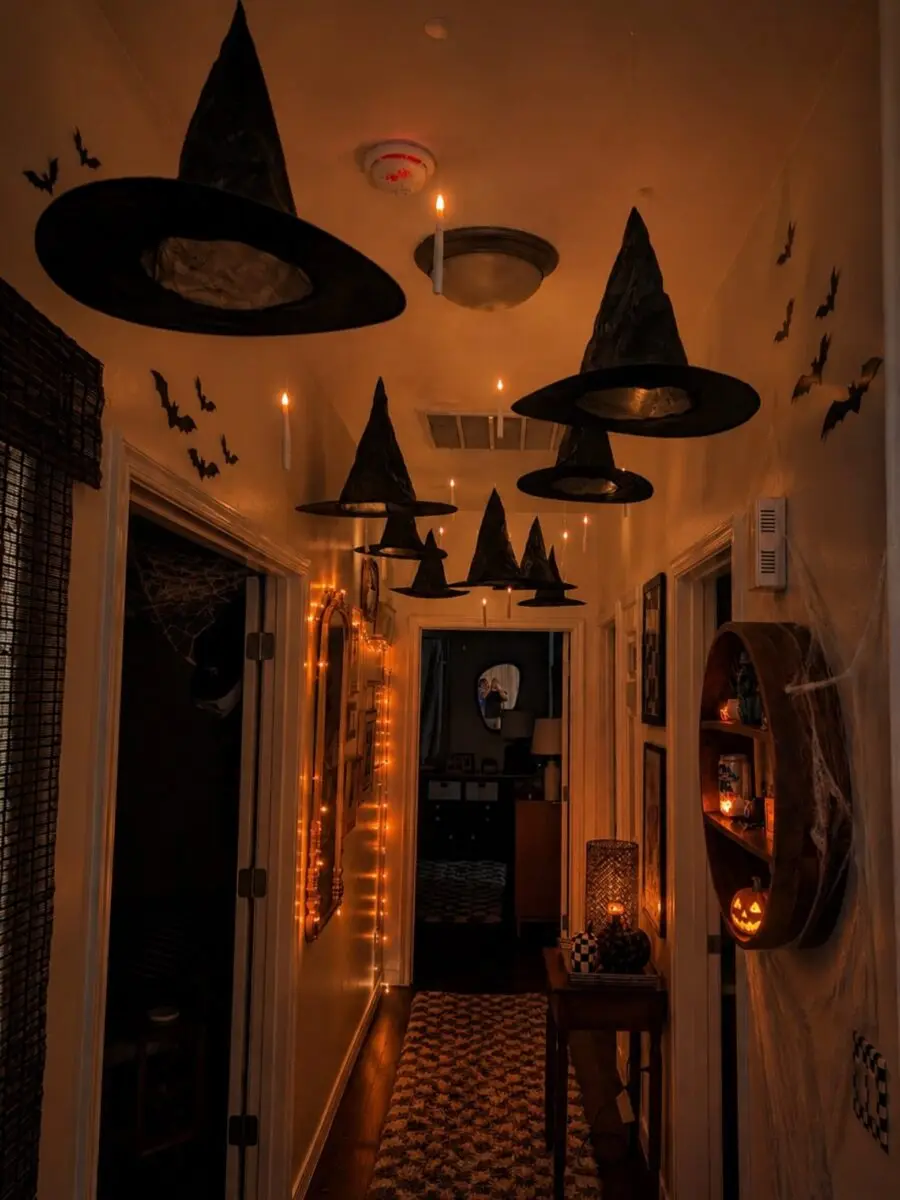 Enchanted hallway adorned with witch hats