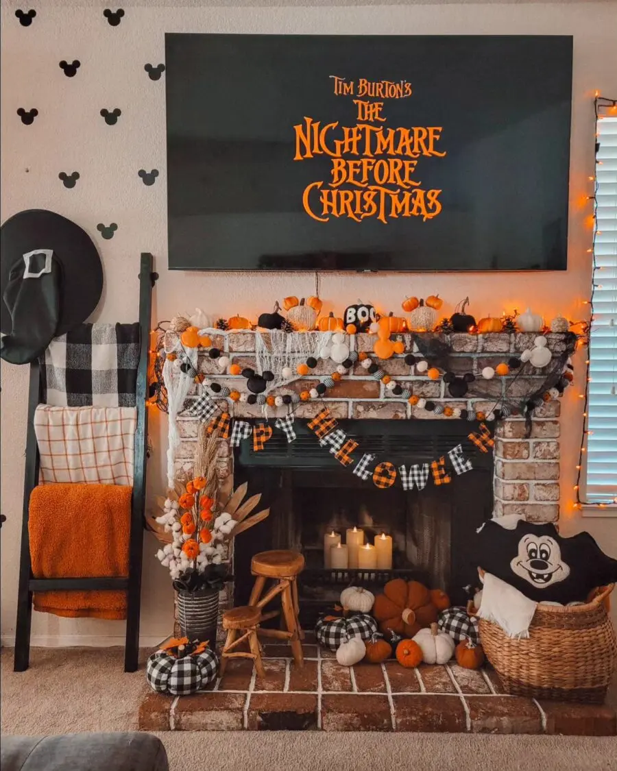 Charming Halloween-themed fireplace setup