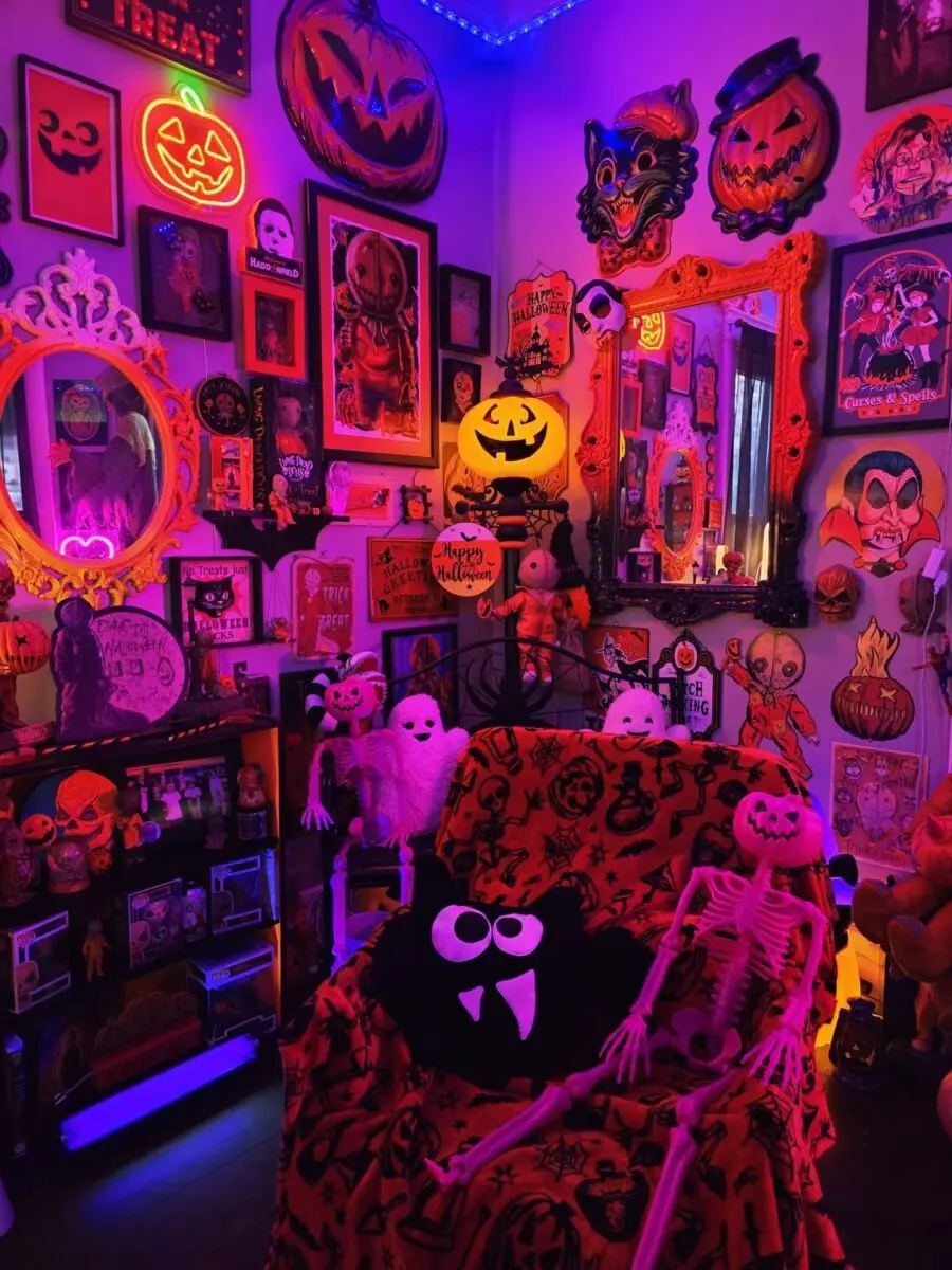 Vibrant Halloween-themed living room setup