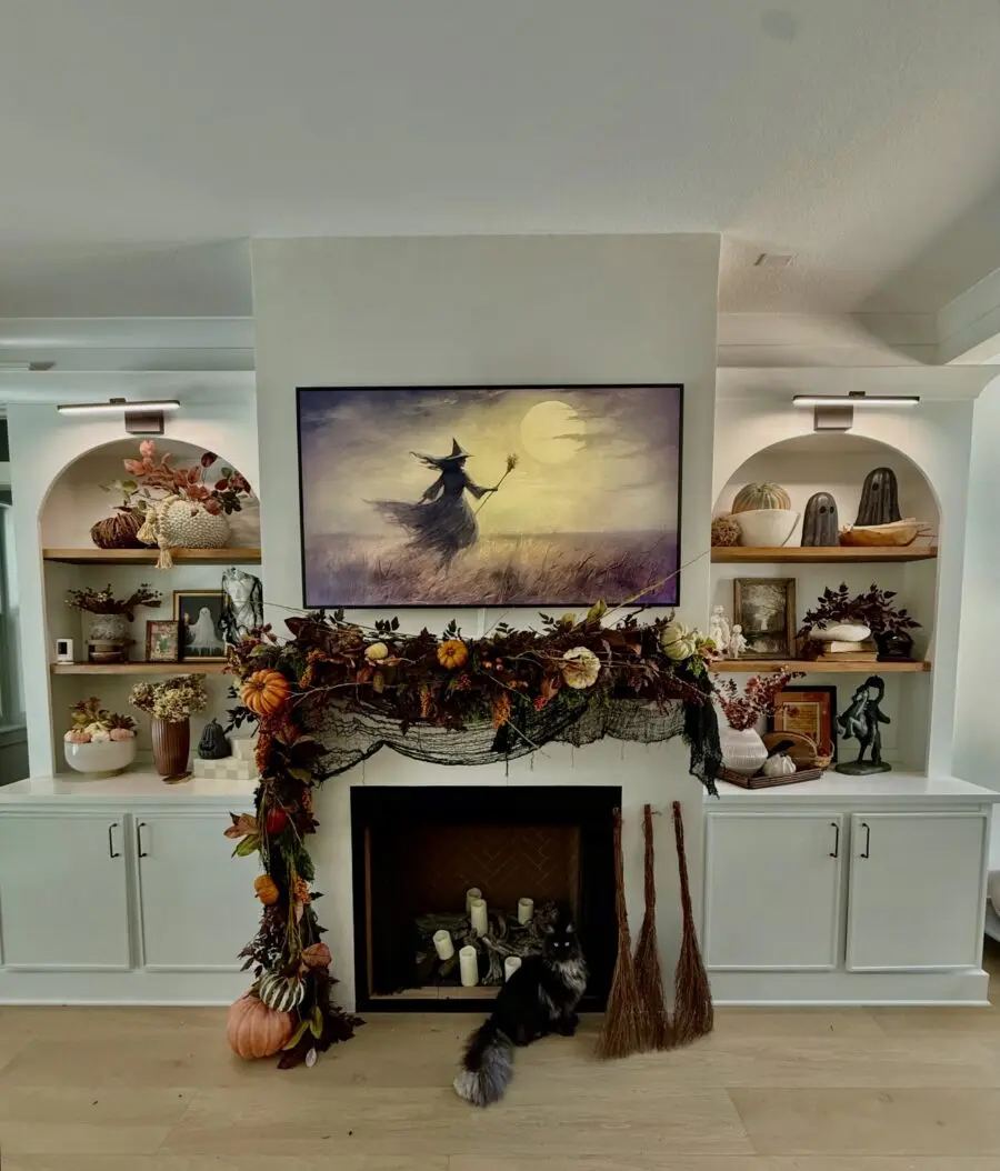 Charming Halloween Mantel with Witch Artwork