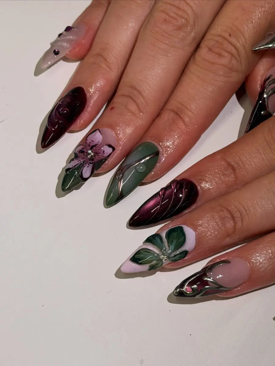 Unique Stiletto Nail Art with Floral Patterns