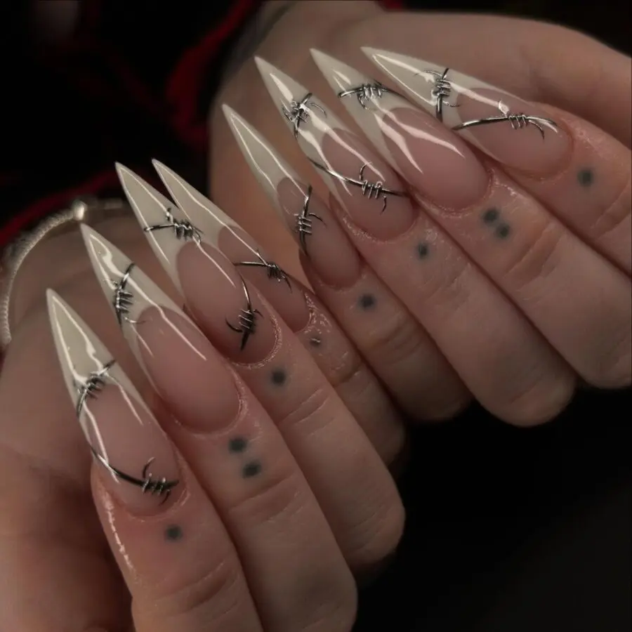Chic Stiletto Nails with Barbed Wire Design