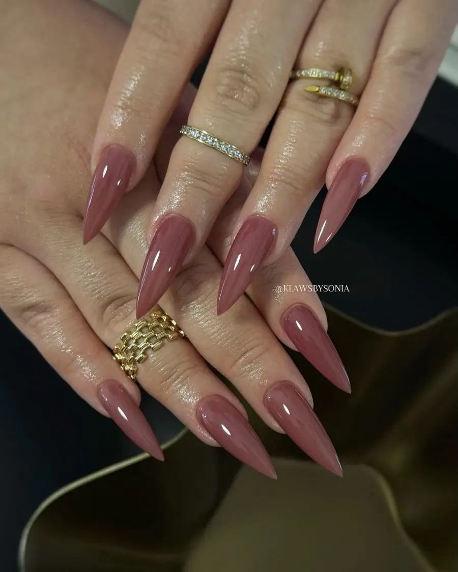 Elegant mauve stiletto nails with gold accents