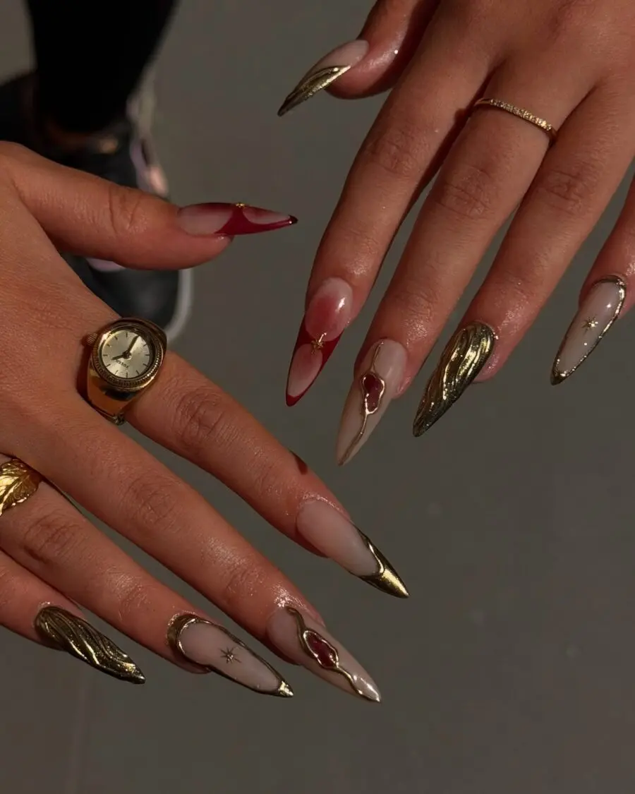 Elegant stiletto nails with gold accents
