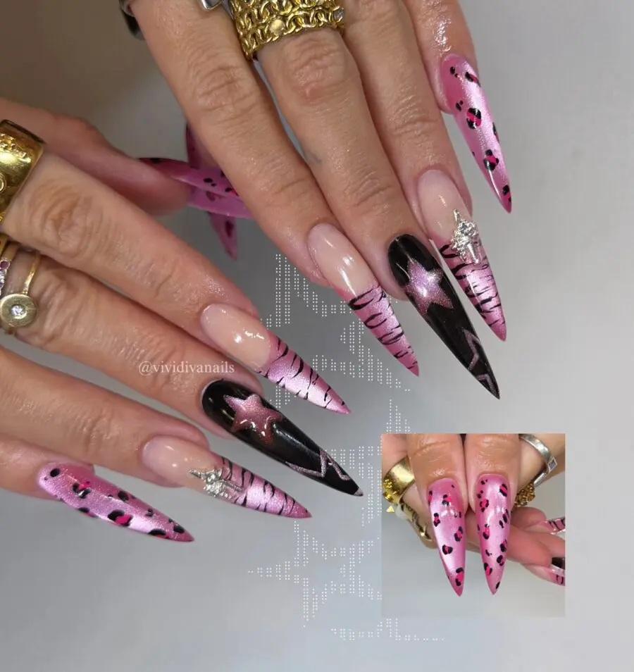 Glamorous Stiletto Nails with Pink and Black Design