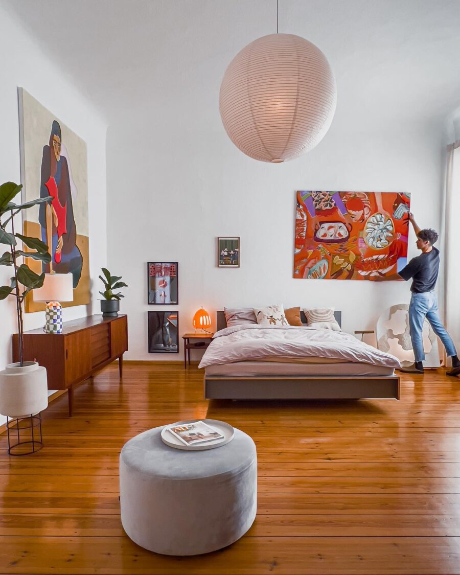 Artistic bedroom with warm, inviting vibes