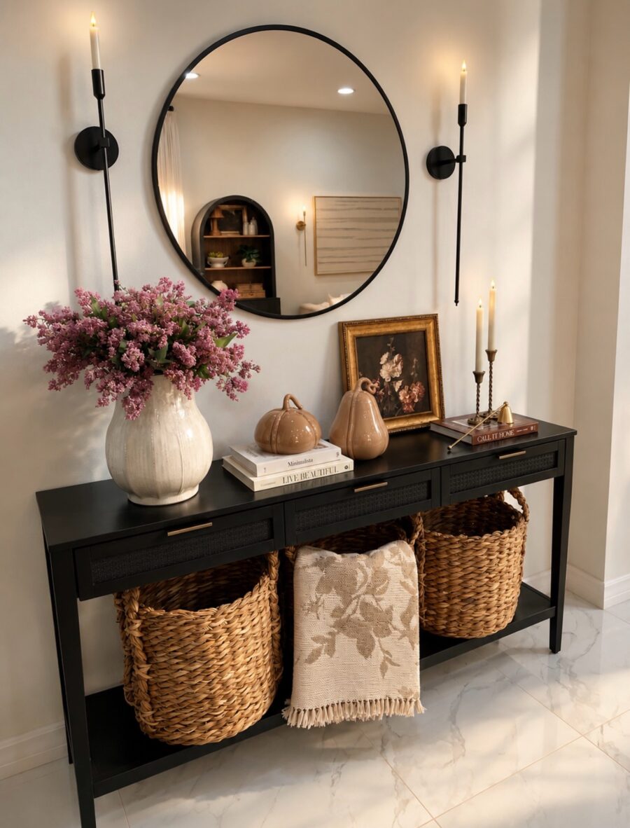 Elegant entryway table with floral accents