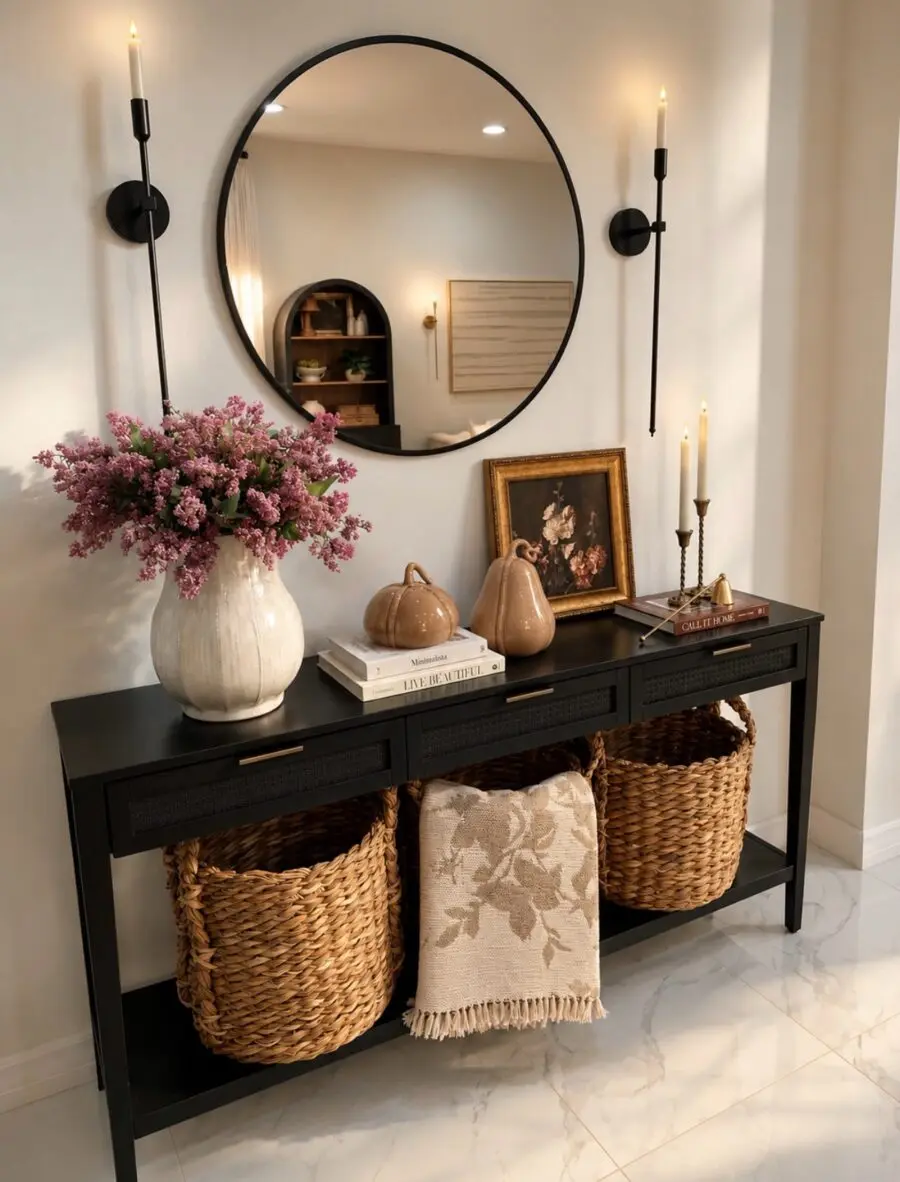 Elegant entryway table with floral accents