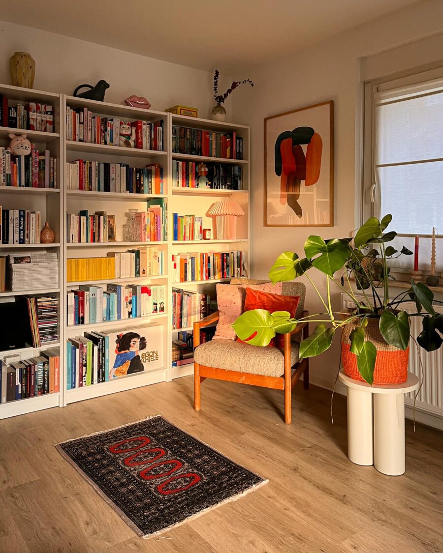 Charming cozy corner with vibrant shelf decor