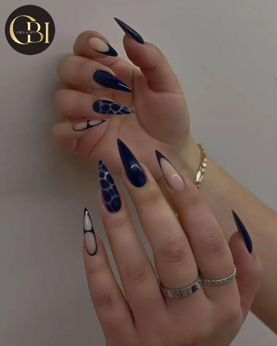 Elegant navy and white stiletto nail art