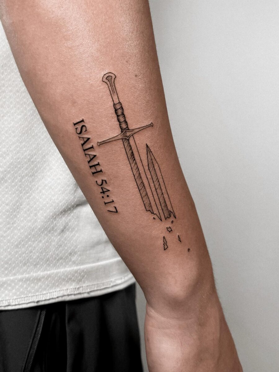 Symbolic sword tattoo with Isaiah 54:17