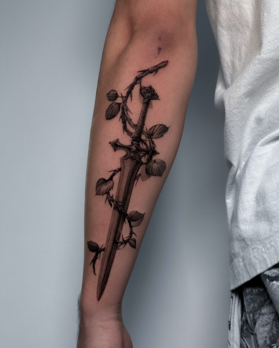 Elegant sword entwined with lush vines