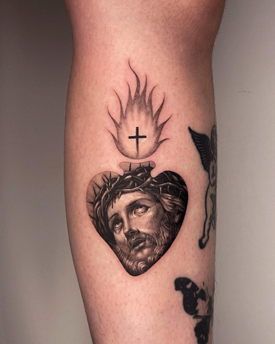 Symbolic tattoo of Jesus' heart and flame