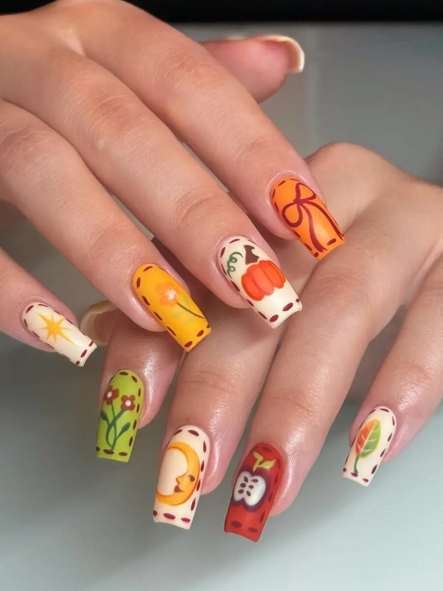 Colorful Thanksgiving Nails with Festive Designs