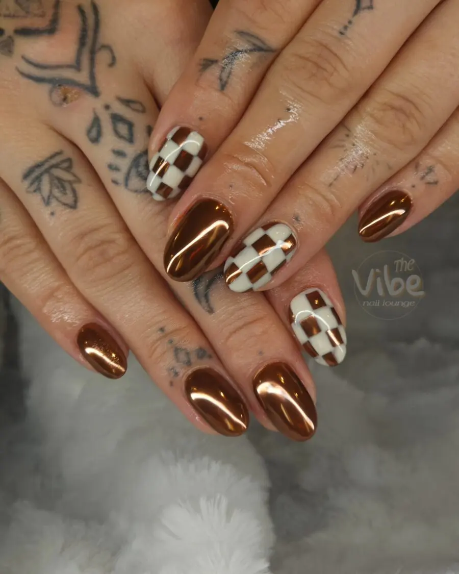 Stylish Brown and White Checkered Thanksgiving Nails