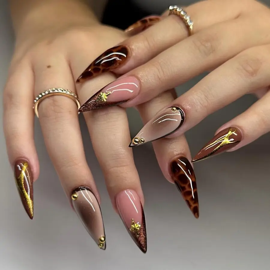 Elegant Thanksgiving Nails with Gold Accents