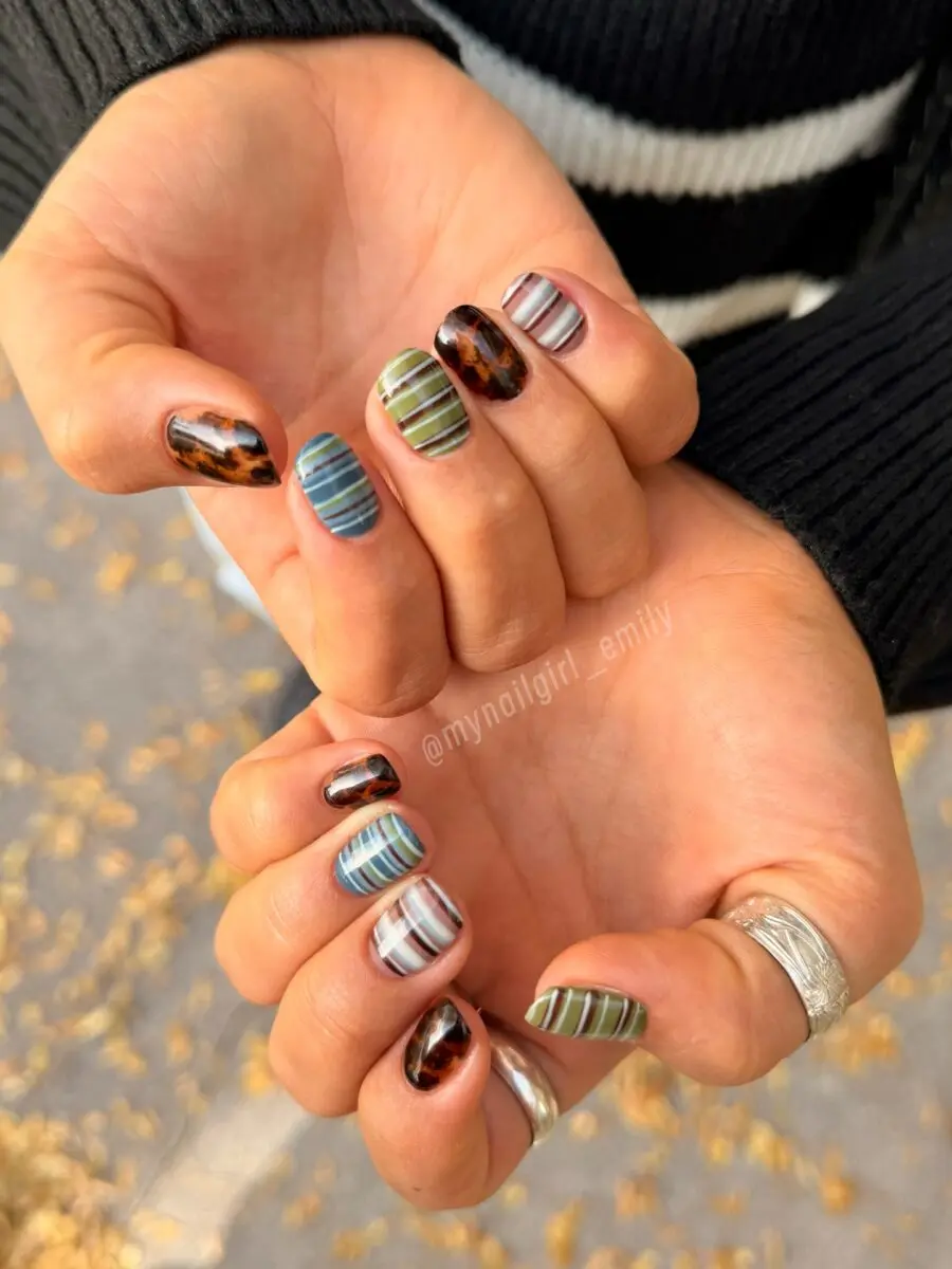 Festive Nails with Stripes and Autumn Colors
